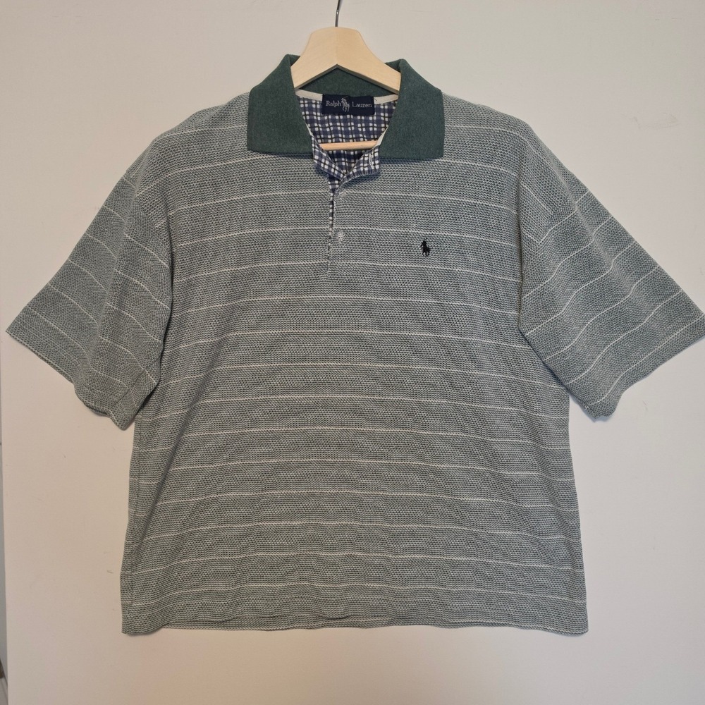 Ralph Lauren Textured Stripe Knit Polo Shirt Green Plaid Trim Size XL